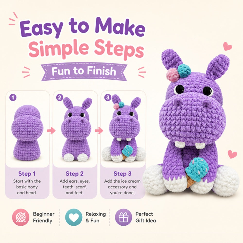 Hippo Crochet Kit for Beginners – 11.8 Inch Amigurumi Hippo DIY Starter Kit with Chenille Yarn, Step-by-Step Video Tutorials, Cute Gift
