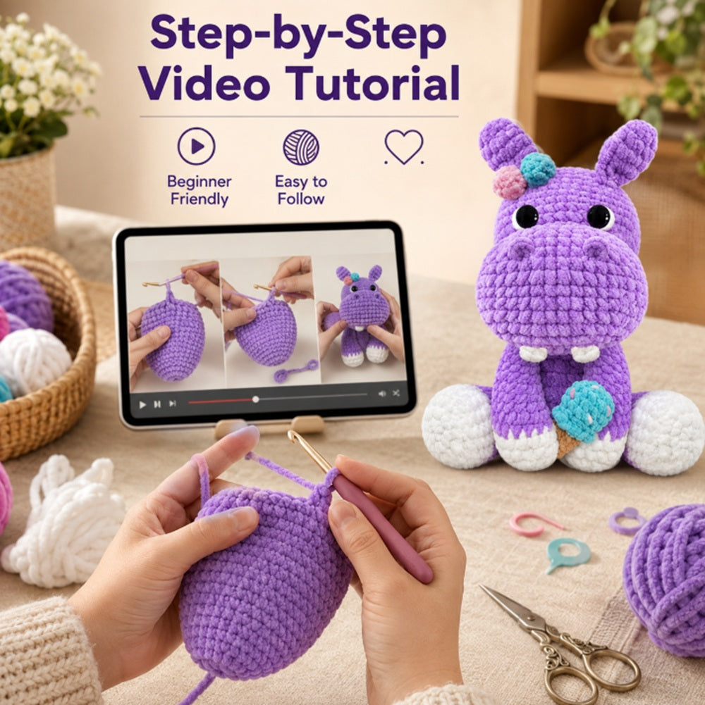 Hippo Crochet Kit for Beginners – 11.8 Inch Amigurumi Hippo DIY Starter Kit with Chenille Yarn, Step-by-Step Video Tutorials, Cute Gift