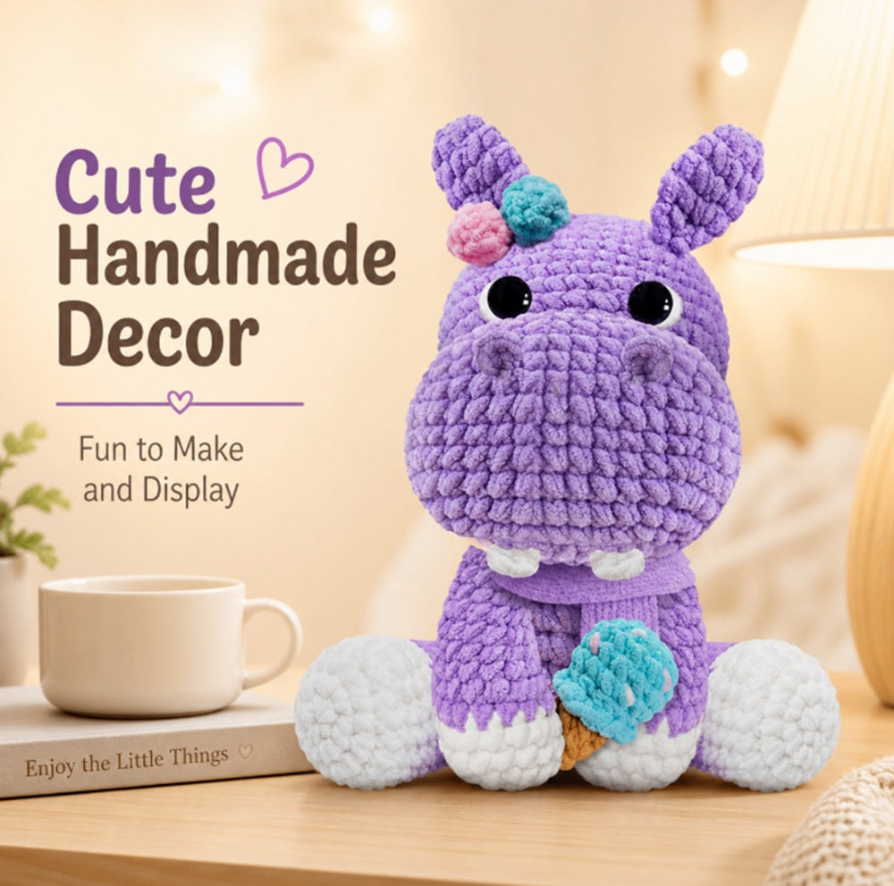 Hippo Crochet Kit for Beginners – 11.8 Inch Amigurumi Hippo DIY Starter Kit with Chenille Yarn, Step-by-Step Video Tutorials, Cute Gift