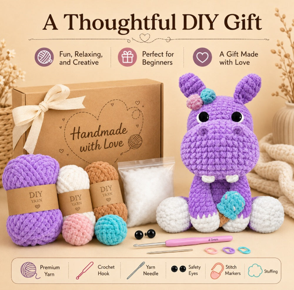 Hippo Crochet Kit for Beginners – 11.8 Inch Amigurumi Hippo DIY Starter Kit with Chenille Yarn, Step-by-Step Video Tutorials, Cute Gift