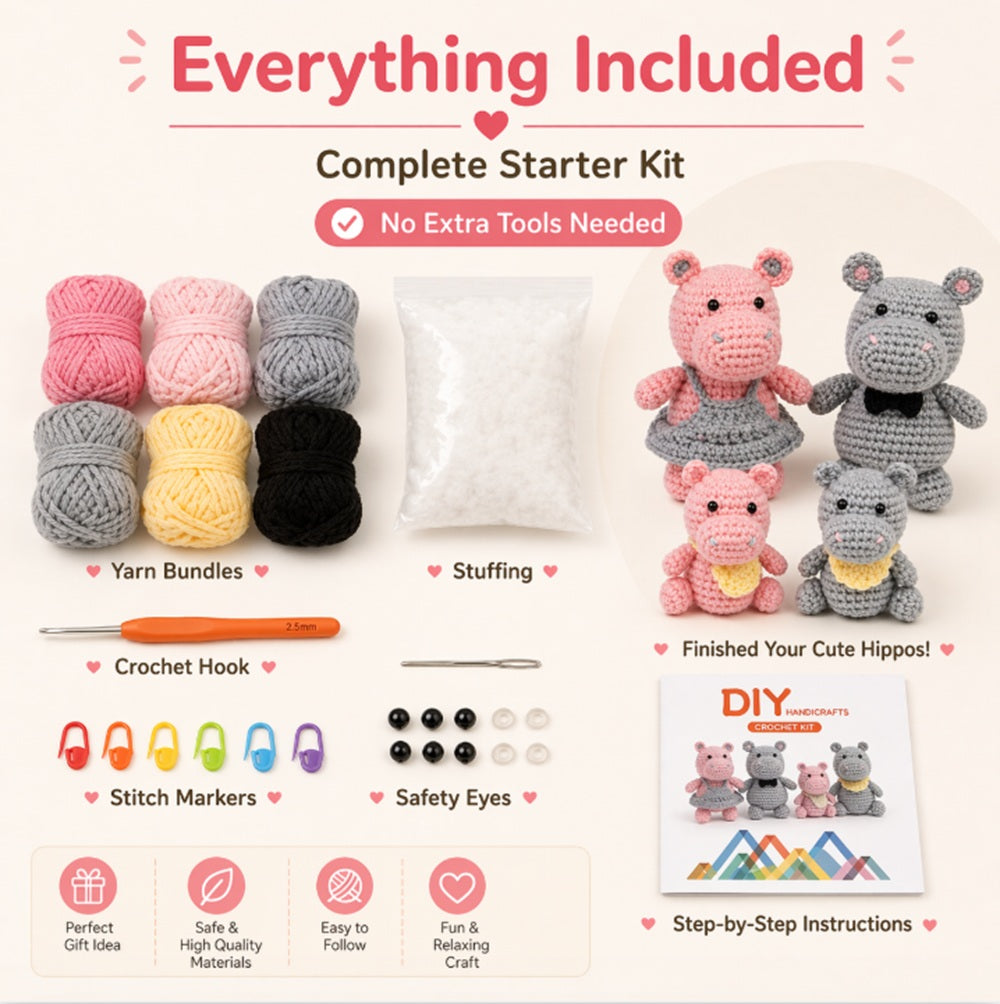 Hippo Family Crochet Kit for Beginners, 4 Pack with Video Tutorial – TIKA