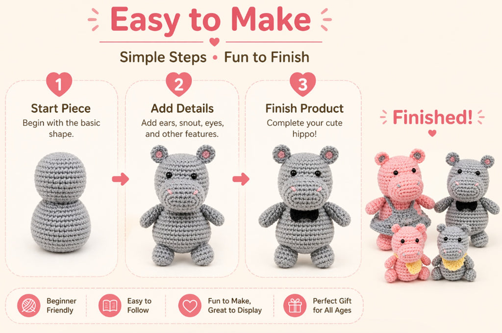 Hippo Family Crochet Kit for Beginners, 4 Pack with Video Tutorial – TIKA