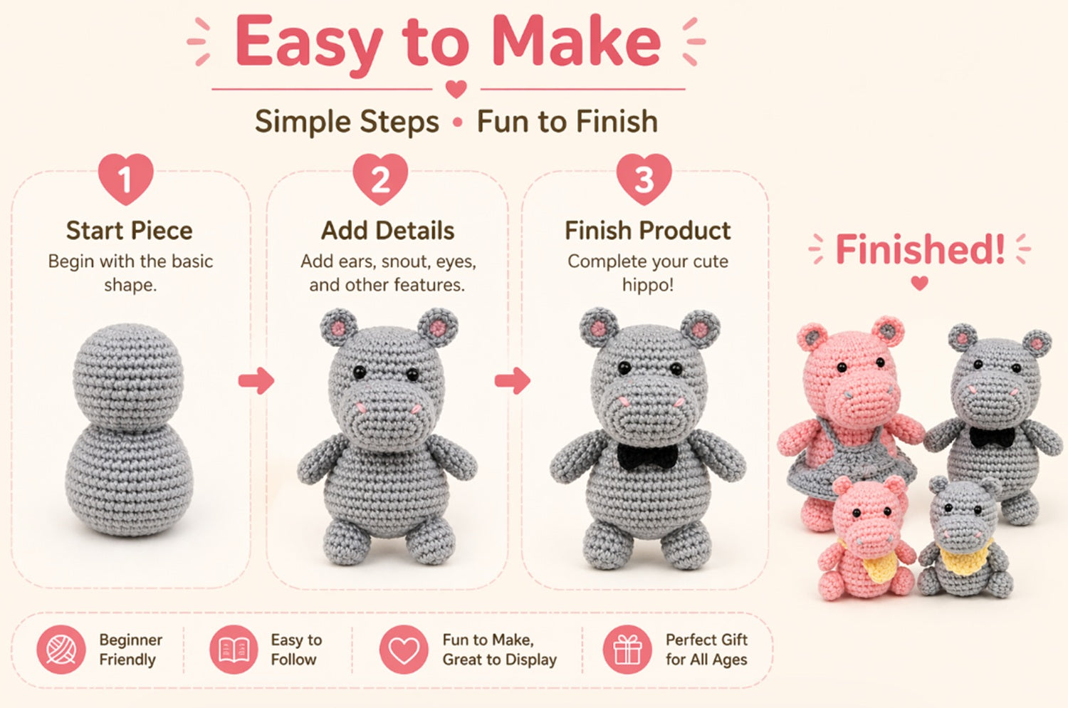 Hippo Family Crochet Kit for Beginners, 4 Pack with Video Tutorial – TIKA