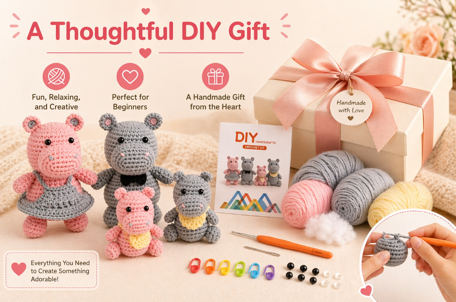 Hippo Family Crochet Kit for Beginners, 4 Pack with Video Tutorial – TIKA