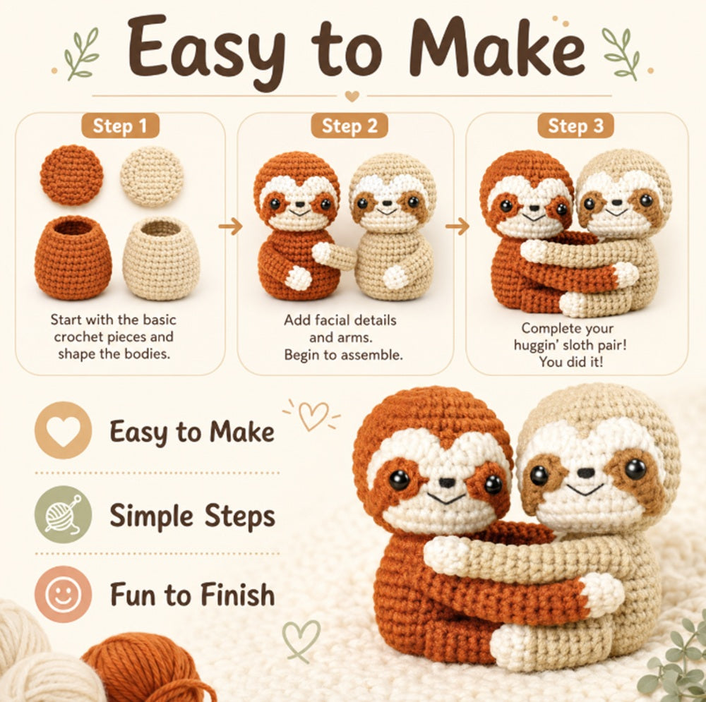 Hug Sloth Crochet Kit for Beginners, 2 Pack with Video Tutorial – TIKA