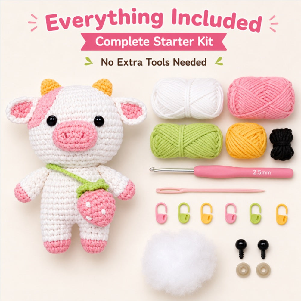 Strawberry Cow Crochet Kit for Beginners with Video Tutorials – TIKA