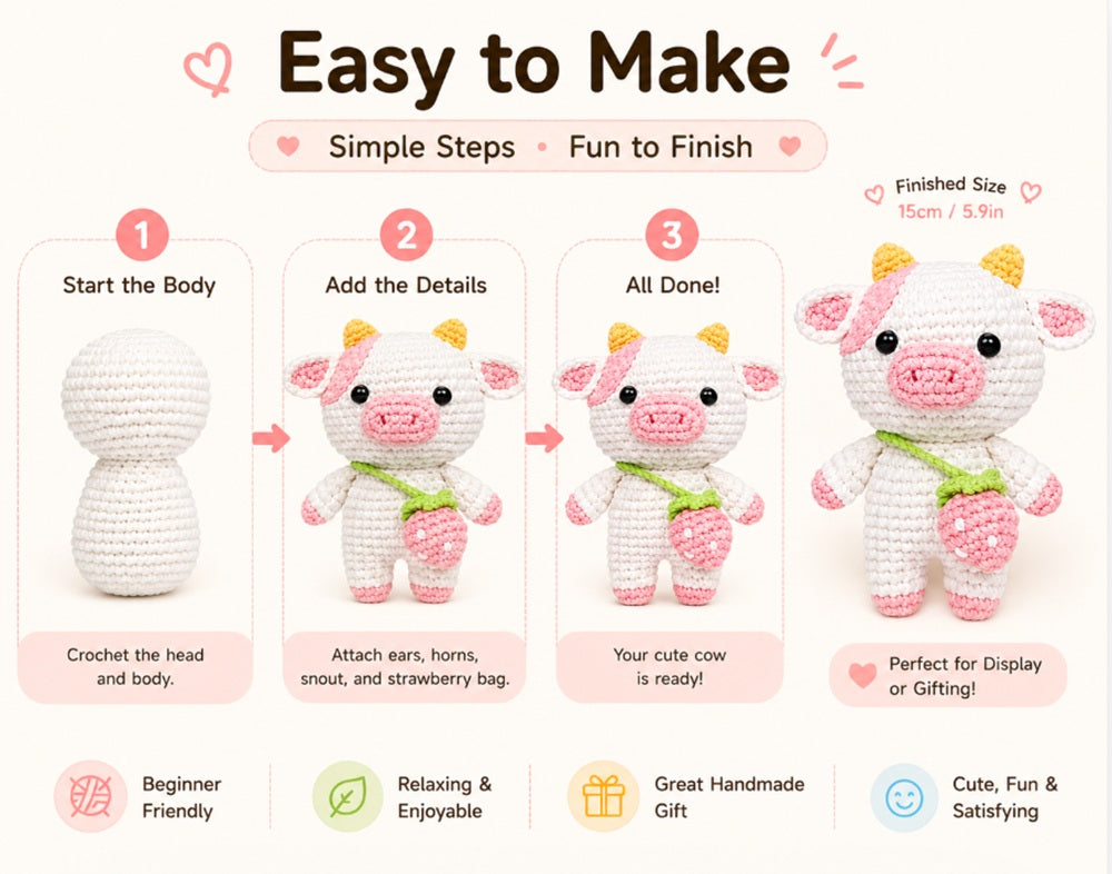 Strawberry Cow Crochet Kit for Beginners with Video Tutorials – TIKA