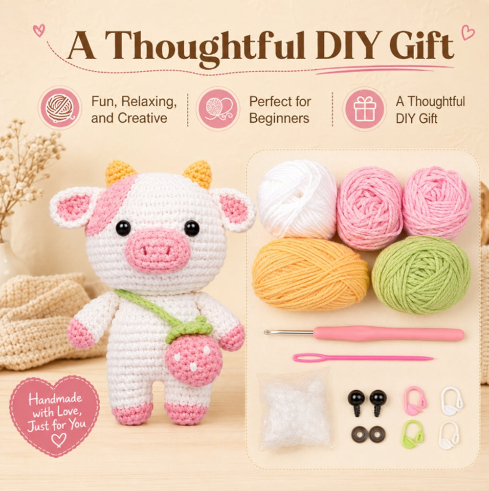 Strawberry Cow Crochet Kit for Beginners with Video Tutorials – TIKA