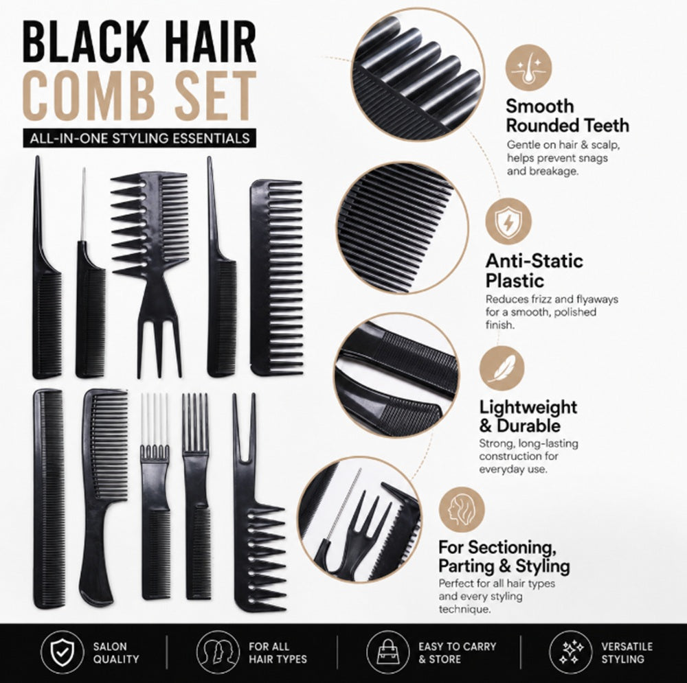 10-Pack Black Hair Styling Comb Set | TIKA