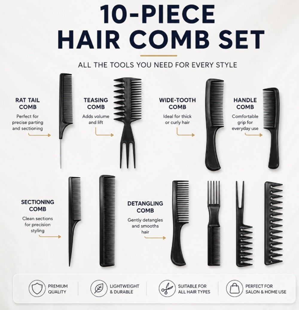 10-Pack Black Hair Styling Comb Set | TIKA