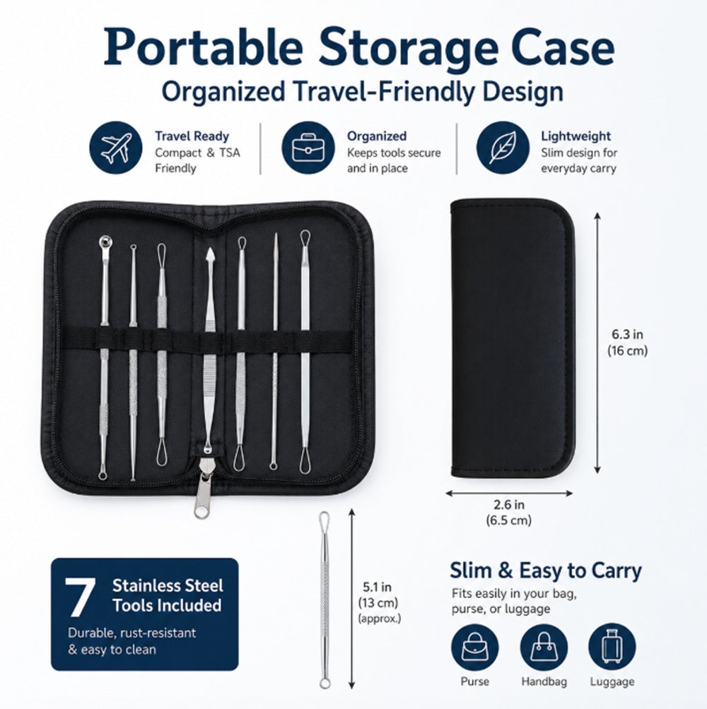 7-Piece Stainless Steel Blackhead Extractor Tool Set | TIKA
