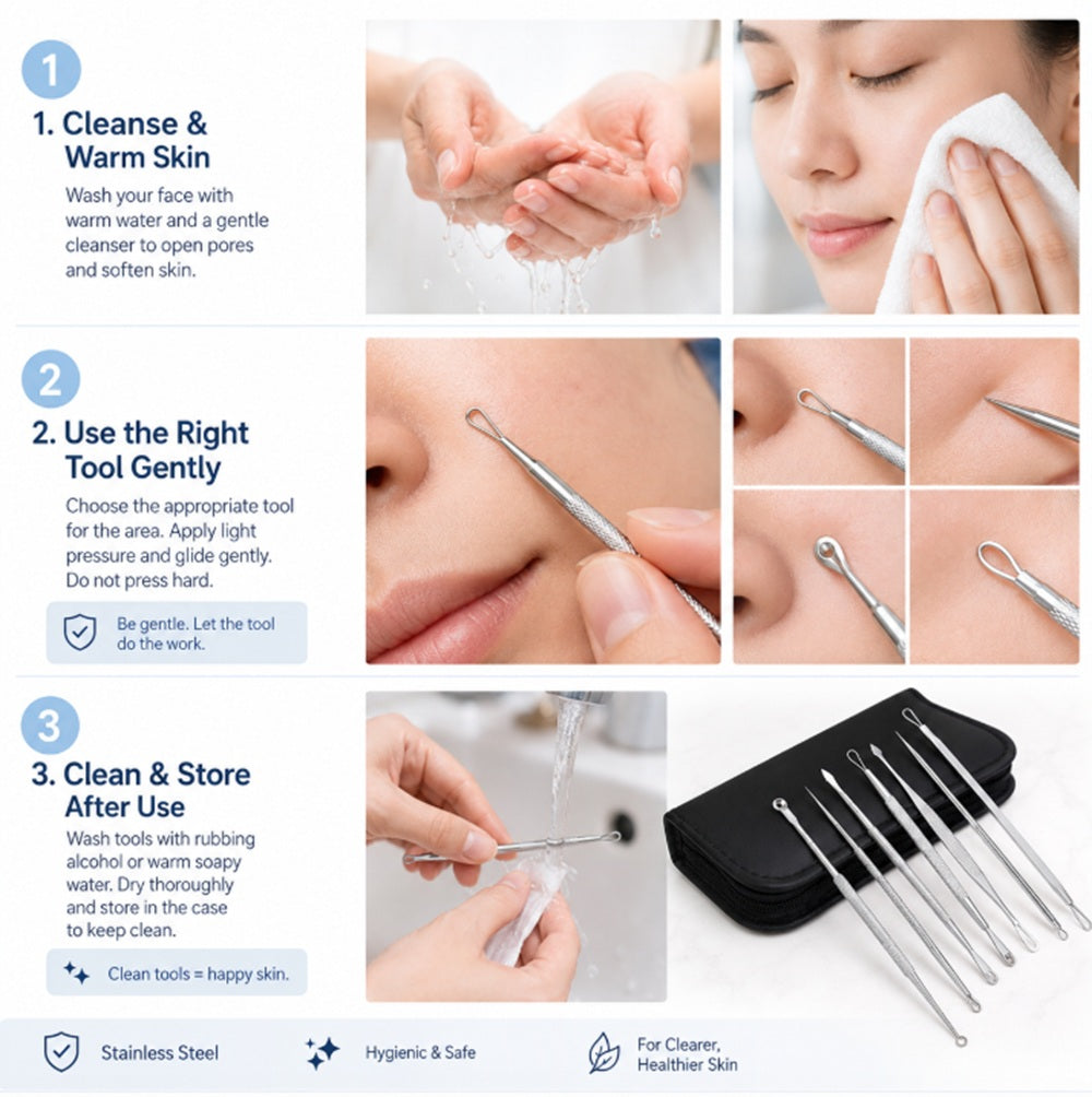 7-Piece Stainless Steel Blackhead Extractor Tool Set | TIKA