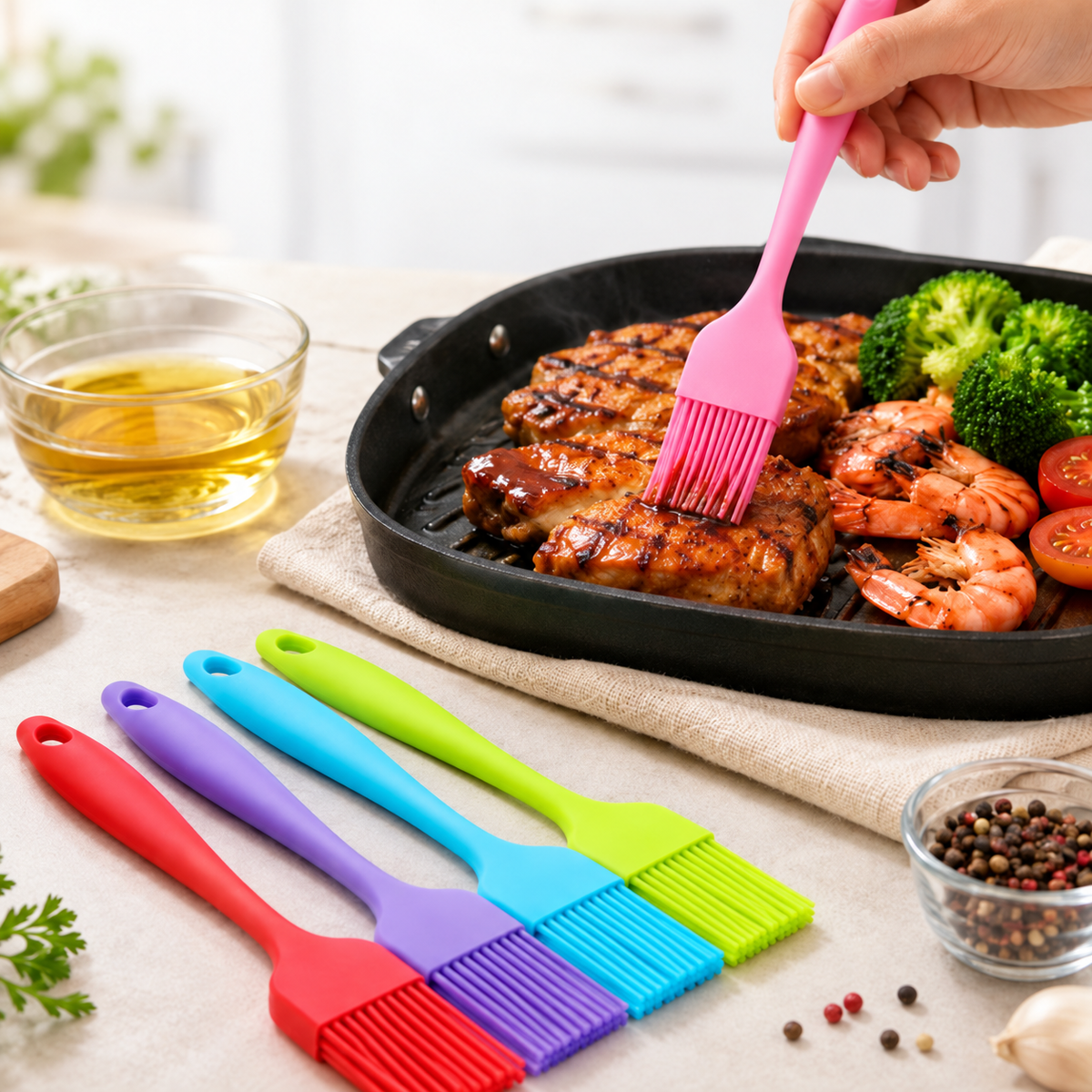 TIKA silicone basting brushes in use during cooking