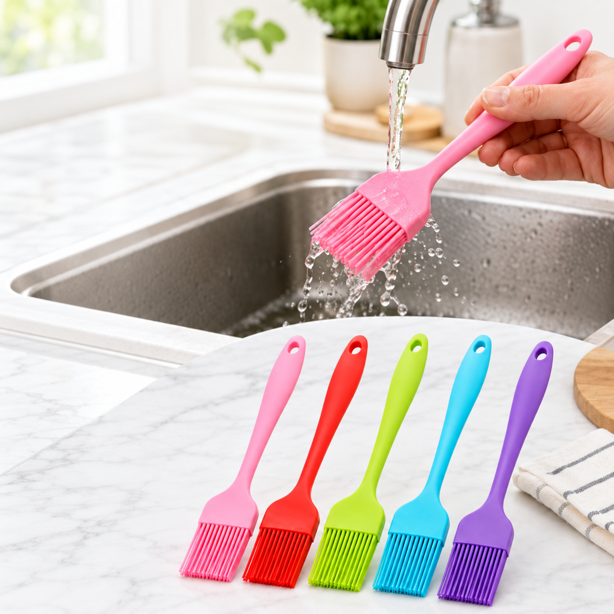TIKA silicone basting brushes beside a sink with a pink brush being rinsed