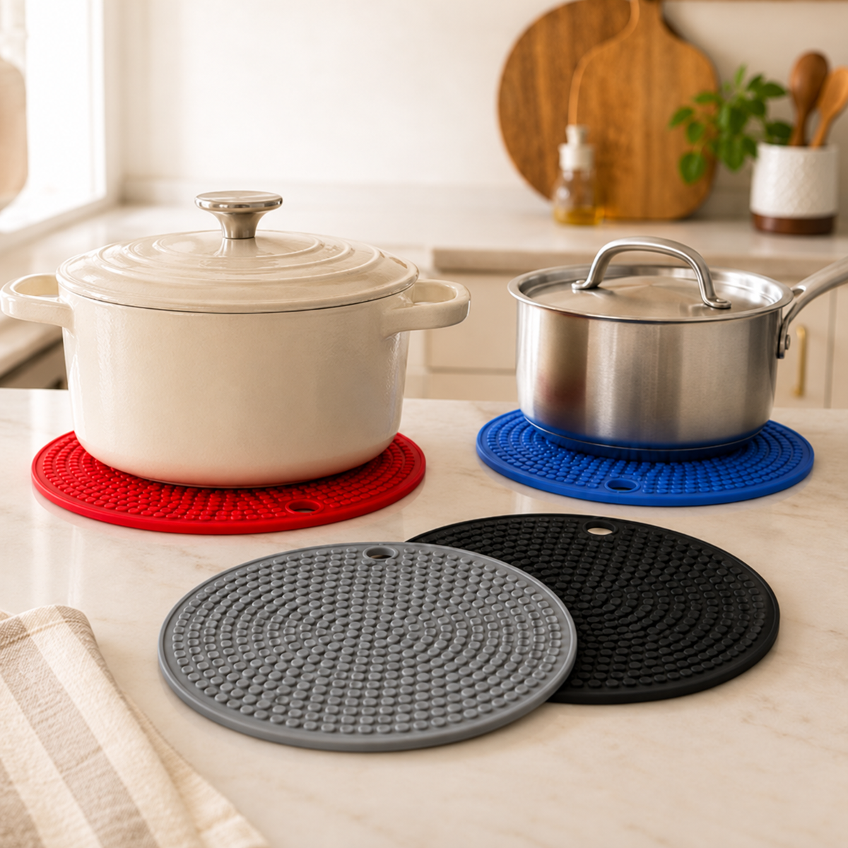 TIKA silicone trivets supporting cookware on a kitchen counter